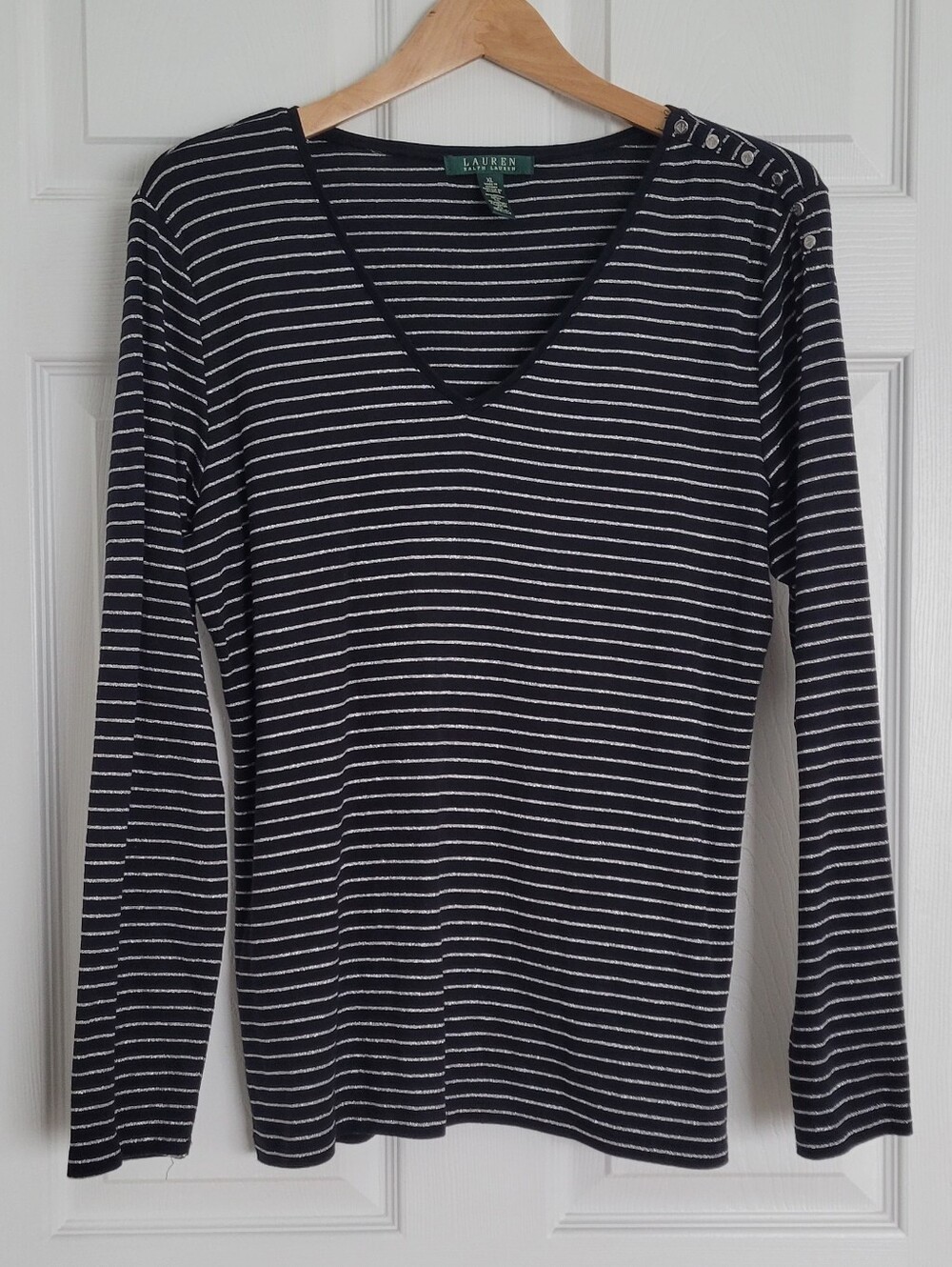 Lauren Ralph Lauren Black & Shimmery Silver Striped V‑Neck Long Sleeve Top